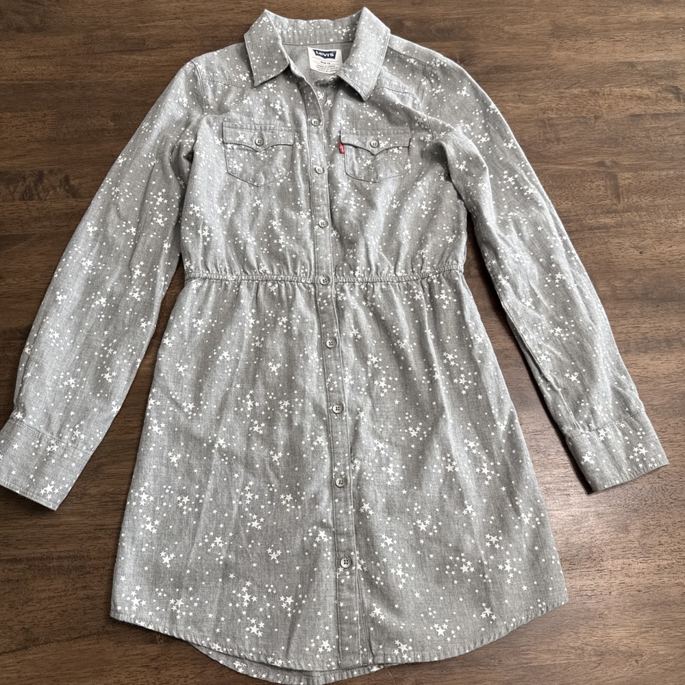 Levi's‎ Girl's Long-sleeved Button-up Dress Size 12 Western Style Gray Stars